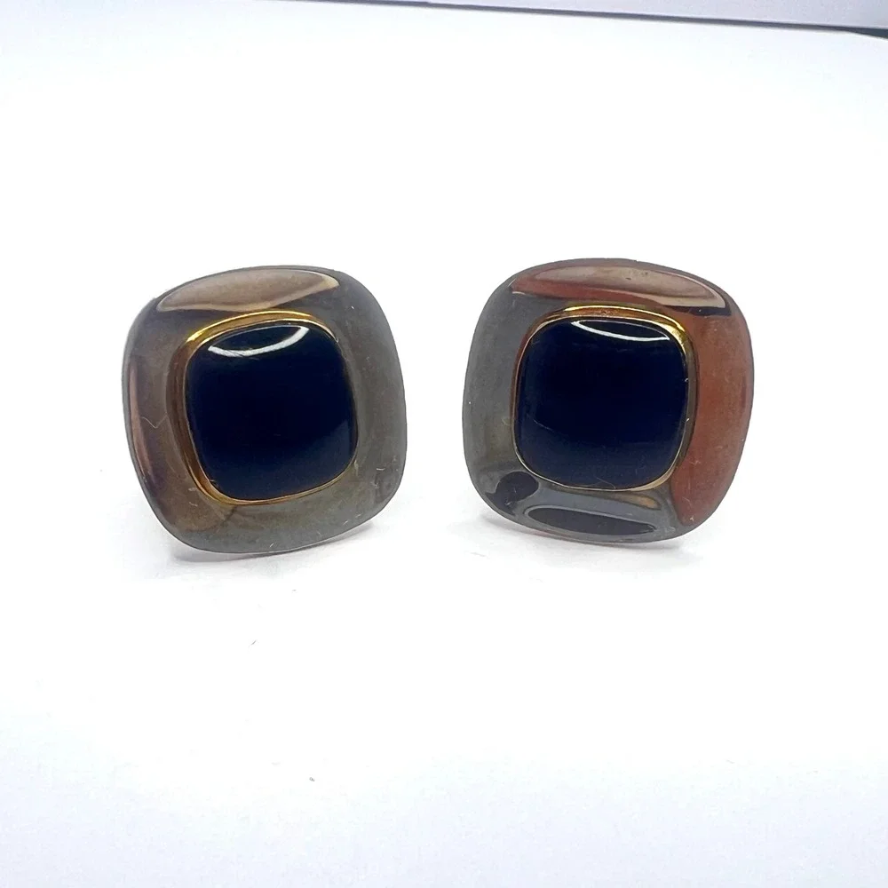 Vintage Anson Onyx Cufflinks Gold Tone‎ Black Center Bullet Back Signed